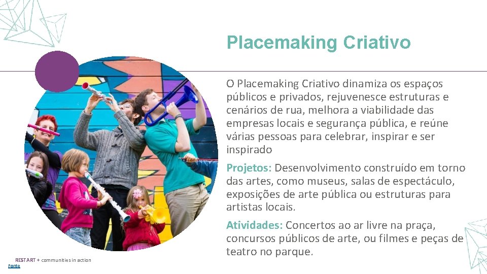 Placemaking Criativo RESTART + communities in action Fonte O Placemaking Criativo dinamiza os espaços
