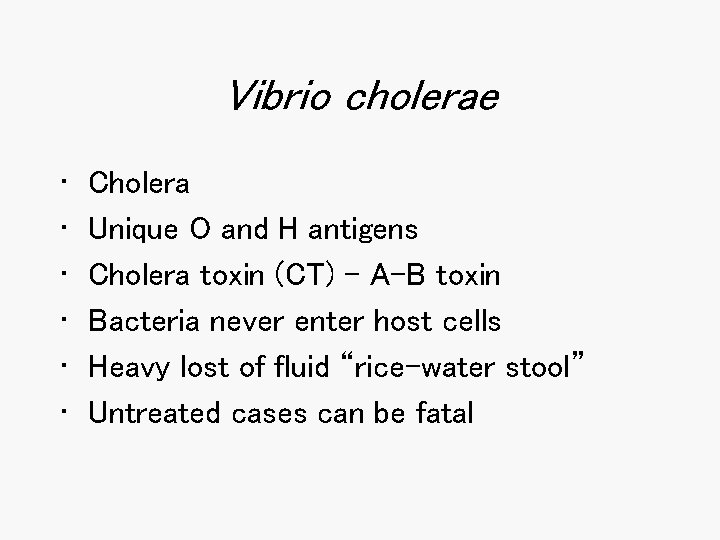 Vibrio cholerae • • • Cholera Unique O and H antigens Cholera toxin (CT)