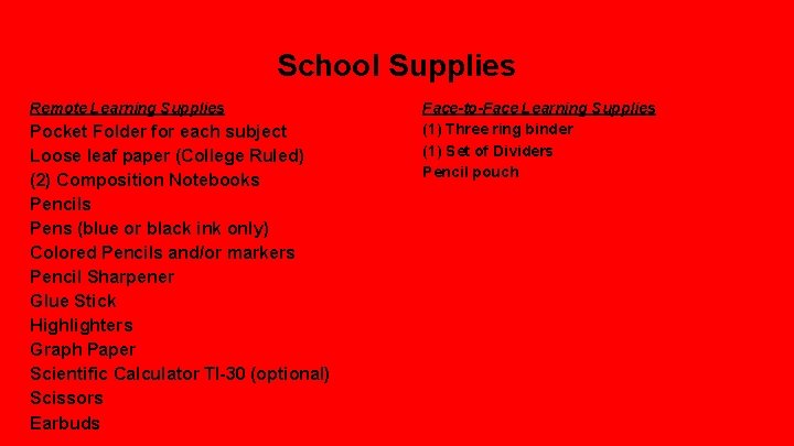 School Supplies Remote Learning Supplies Pocket Folder for each subject Loose leaf paper (College