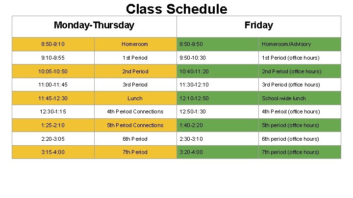 Class Schedule Monday-Thursday Friday 8: 50 -9: 10 Homeroom 8: 50 -9: 50 Homeroom/Advisory