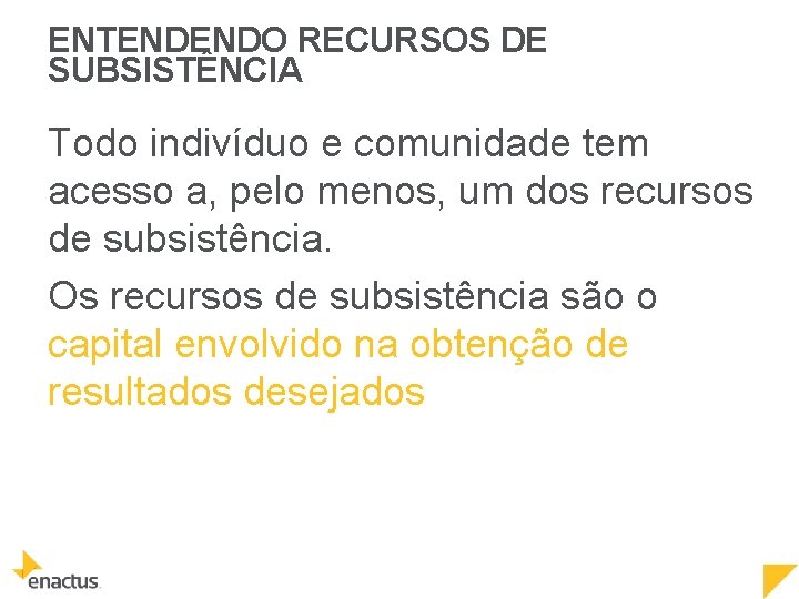 ENTENDENDO RECURSOS DE SUBSISTÊNCIA Todo indivíduo e comunidade tem acesso a, pelo menos, um