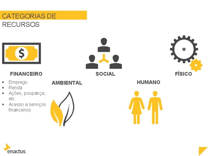 CATEGORIAS DE RECURSOS SOCIAL FINANCEIRO § Emprego § Renda § Ações, poupança, etc. §