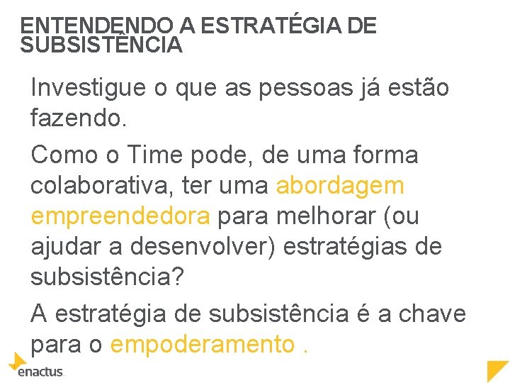 ENTENDENDO A ESTRATÉGIA DE SUBSISTÊNCIA Investigue o que as pessoas já estão fazendo. Como