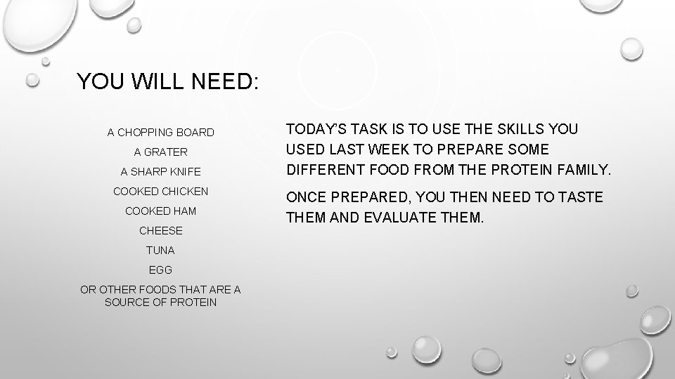 YOU WILL NEED: A CHOPPING BOARD A GRATER A SHARP KNIFE COOKED CHICKEN COOKED