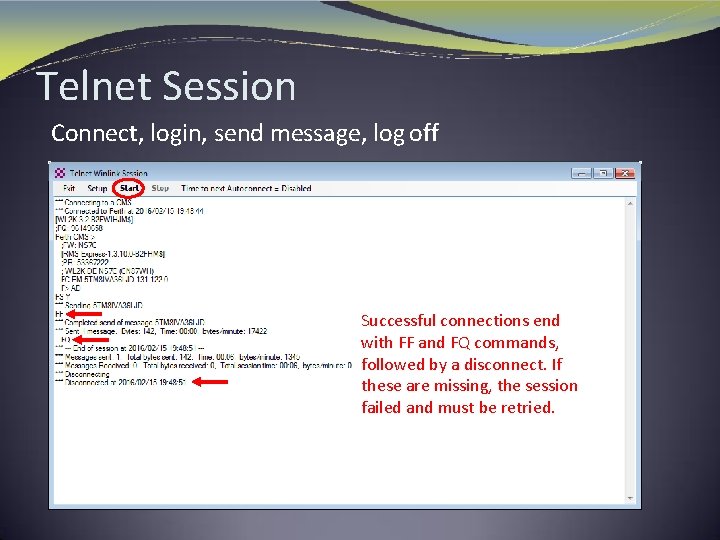 Telnet Session Connect, login, send message, log off Successful connections end with FF and