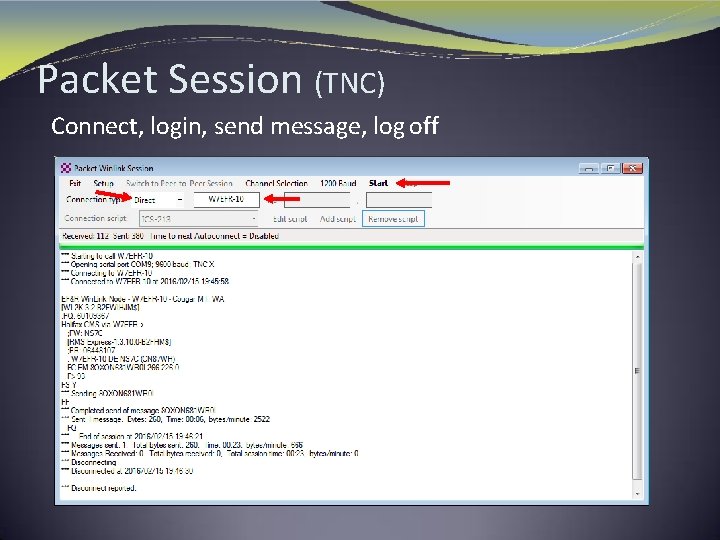 Packet Session (TNC) Connect, login, send message, log off 