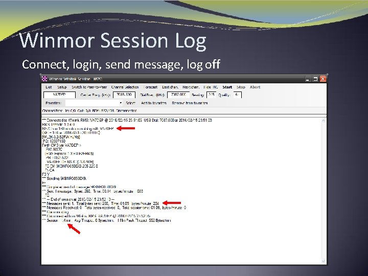 Winmor Session Log Connect, login, send message, log off 