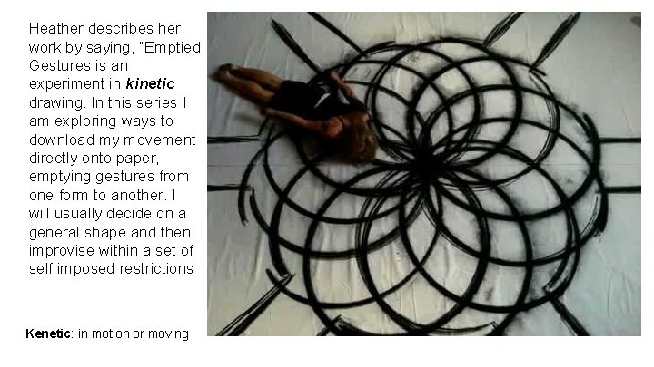 Heather describes her work by saying, “Emptied Gestures is an experiment in kinetic drawing.