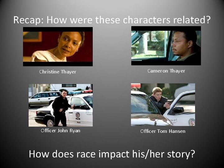 Recap: How were these characters related? Christine Thayer Cameron Thayer Christine Thayer Officer John