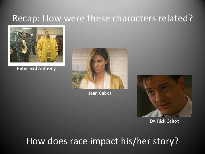 Recap: How were these characters related? Peter and Anthony Jean Cabot DA Rick Cabot