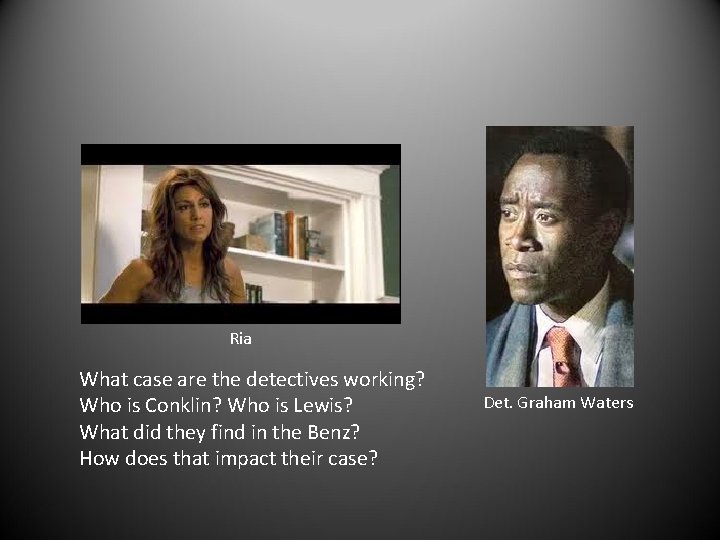 Ria What case are the detectives working? Who is Conklin? Who is Lewis? What
