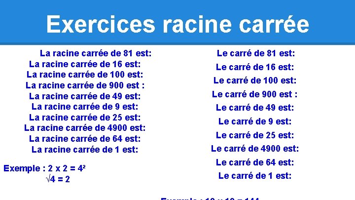 Exercices racine carrée La racine carrée de 81 est: La racine carrée de 16