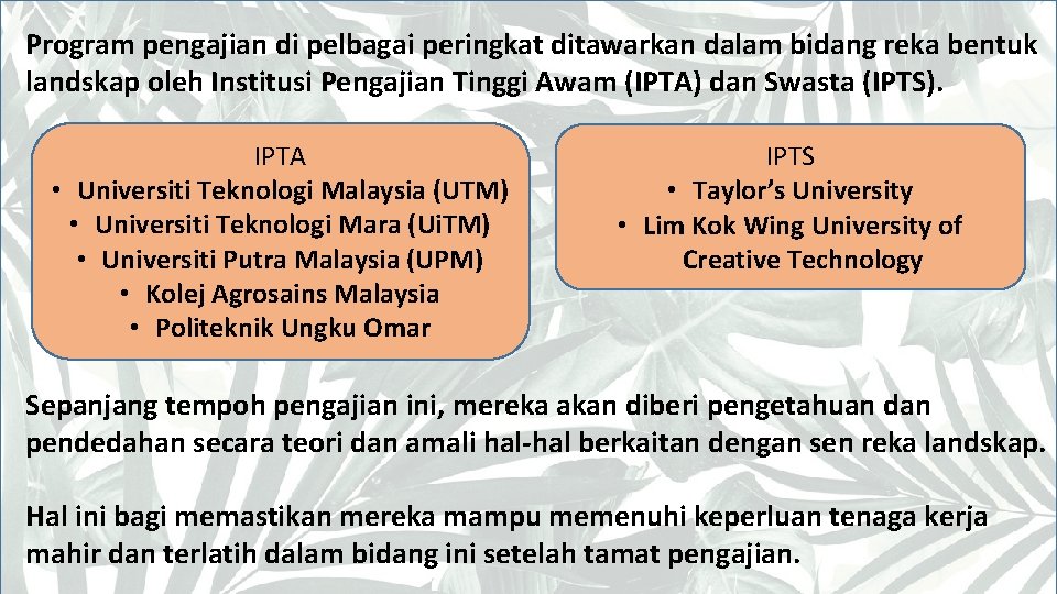 Program pengajian di pelbagai peringkat ditawarkan dalam bidang reka bentuk landskap oleh Institusi Pengajian