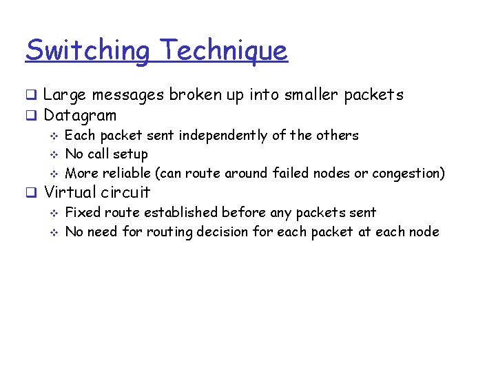 Switching Technique Large messages broken up into smaller packets Datagram Each packet sent independently