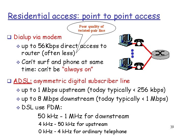 Residential access: point to point access Dialup via modem Poor quality of twisted-pair line