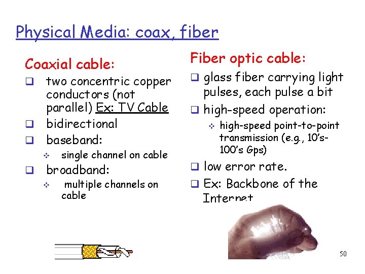 Physical Media: coax, fiber Coaxial cable: two concentric copper conductors (not parallel) Ex: TV