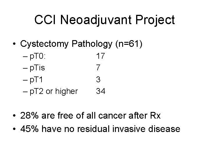 CCI Neoadjuvant Project • Cystectomy Pathology (n=61) – p. T 0: – p. Tis