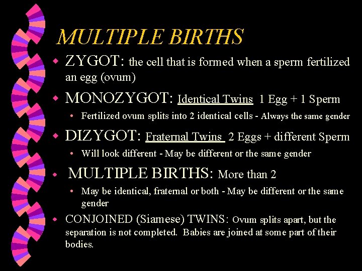 MULTIPLE BIRTHS w ZYGOT: the cell that is formed when a sperm fertilized an