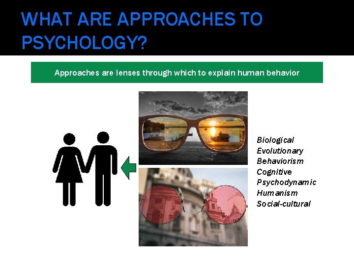 WHAT ARE APPROACHES TO PSYCHOLOGY? Approaches are lenses through which to explain human behavior