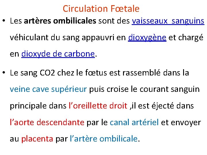 Circulation Fœtale • Les artères ombilicales sont des vaisseaux sanguins véhiculant du sang appauvri