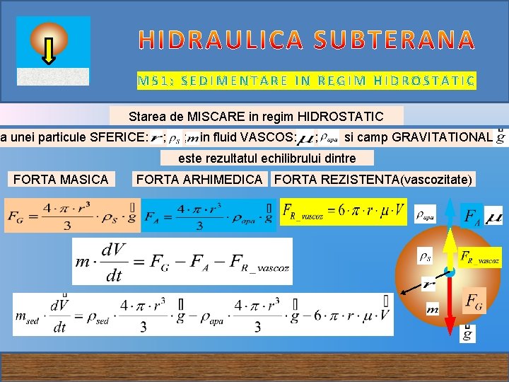 MS 1: SEDIMENTARE IN REGIM HIDROSTATIC Starea de MISCARE in regim HIDROSTATIC a unei