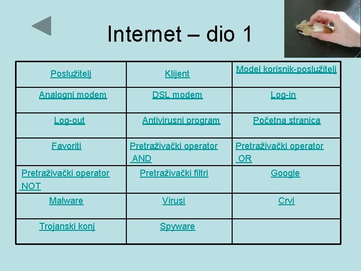 Internet – dio 1 Poslužitelj Klijent Analogni modem DSL modem Log-out Antivirusni program Model