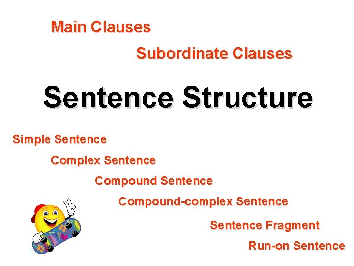 Main Clauses Subordinate Clauses Sentence Structure Simple Sentence Complex Sentence Compound-complex Sentence Fragment Run-on