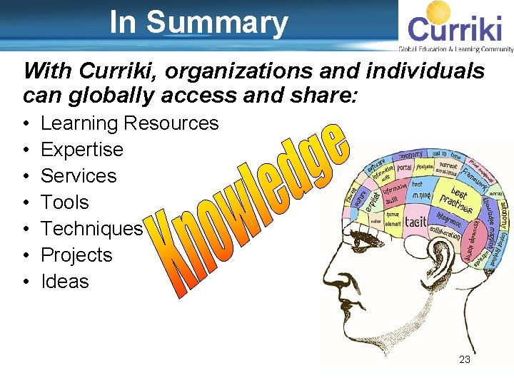 In Summary With Curriki, organizations and individuals can globally access and share: • •
