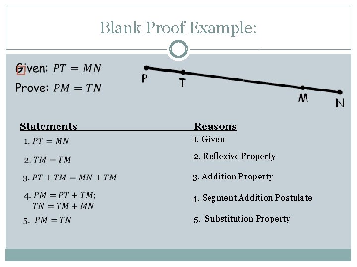 Blank Proof Example: � Statements ____ Reasons 1. Given 2. Reflexive Property 3. Addition