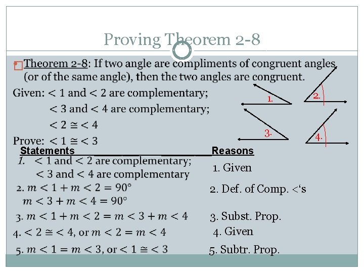 Proving Theorem 2 -8 � Statements ____ 1. 2. 3. 4. _____Reasons 1. Given