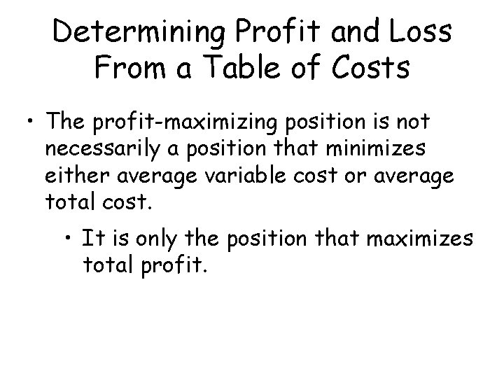 Determining Profit and Loss From a Table of Costs • The profit-maximizing position is