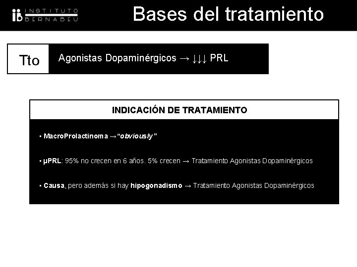 Bases del tratamiento Tto UNIDAD BAJA Agonistas Dopaminérgicos → ↓↓↓ PRL RESPONDEDORA INDICACIÓN DE