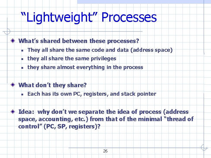 “Lightweight” Processes What’s shared between these processes? They all share the same code and “Lightweight” Processes What’s shared between these processes? They all share the same code and
