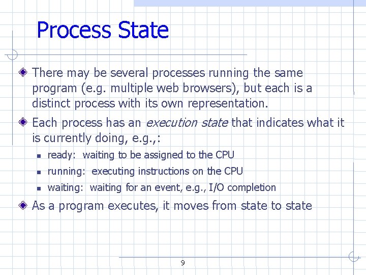 Process State There may be several processes running the same program (e. g. multiple Process State There may be several processes running the same program (e. g. multiple