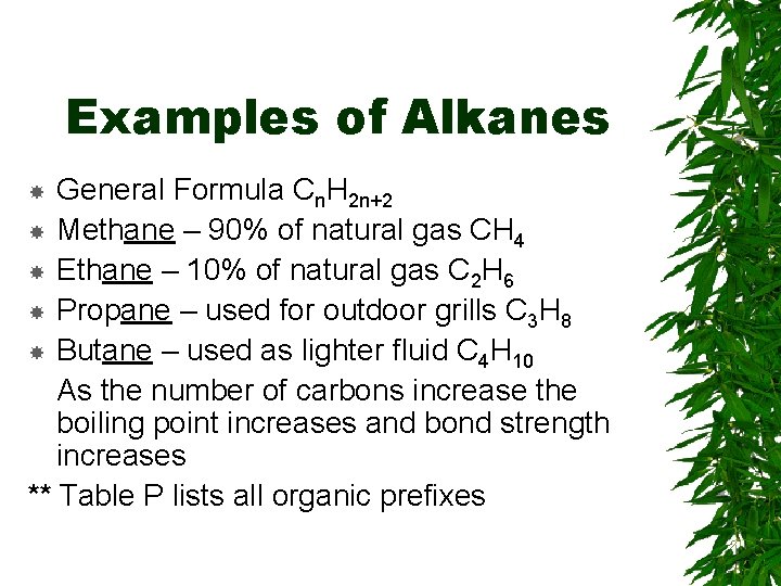 Examples of Alkanes General Formula Cn. H 2 n+2 Methane – 90% of natural Examples of Alkanes General Formula Cn. H 2 n+2 Methane – 90% of natural