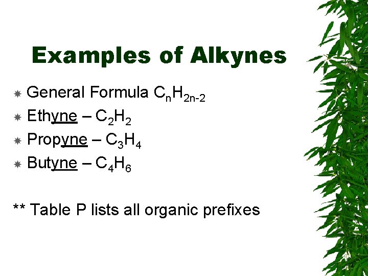Examples of Alkynes General Formula Cn. H 2 n-2 Ethyne – C 2 H Examples of Alkynes General Formula Cn. H 2 n-2 Ethyne – C 2 H