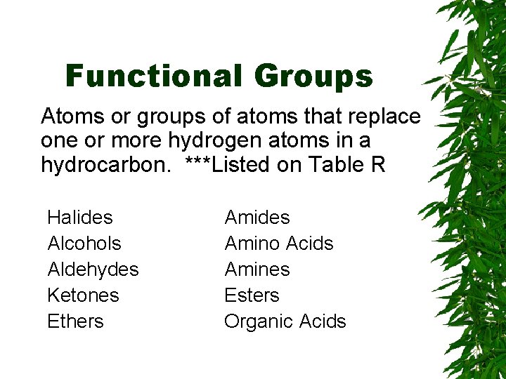 Functional Groups Atoms or groups of atoms that replace one or more hydrogen atoms Functional Groups Atoms or groups of atoms that replace one or more hydrogen atoms