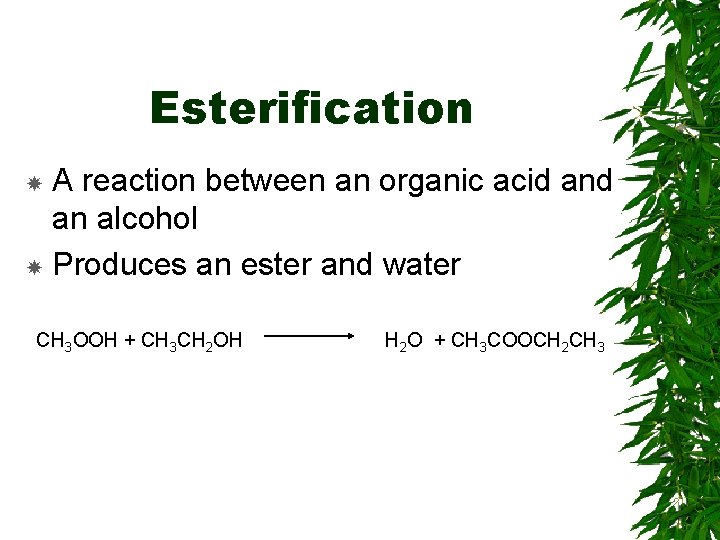 Esterification A reaction between an organic acid an alcohol Produces an ester and water Esterification A reaction between an organic acid an alcohol Produces an ester and water