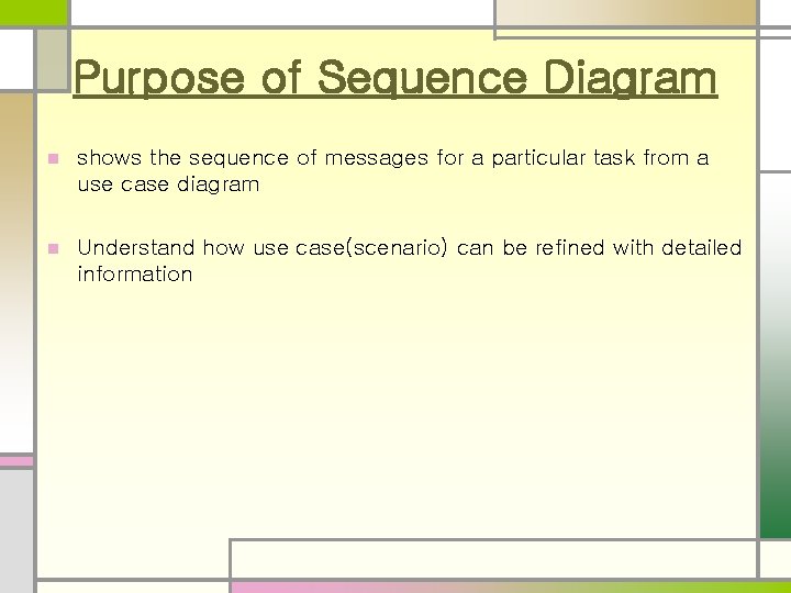 Purpose of Sequence Diagram n shows the sequence of messages for a particular task