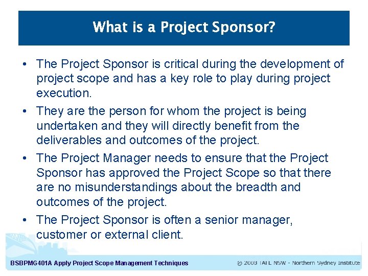 What is a Project Sponsor? • The Project Sponsor is critical during the development