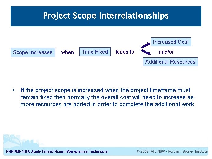 Project Scope Interrelationships Increased Cost Scope Increases when Time Fixed leads to and/or Additional