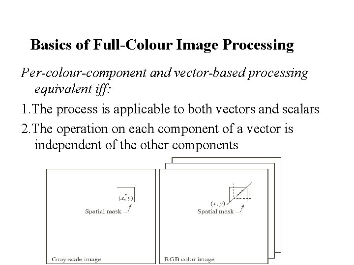 Basics of Full-Colour Image Processing Per-colour-component and vector-based processing equivalent iff: 1. The process