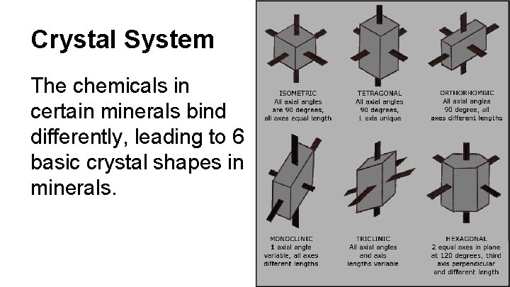 Crystal System The chemicals in certain minerals bind differently, leading to 6 basic crystal