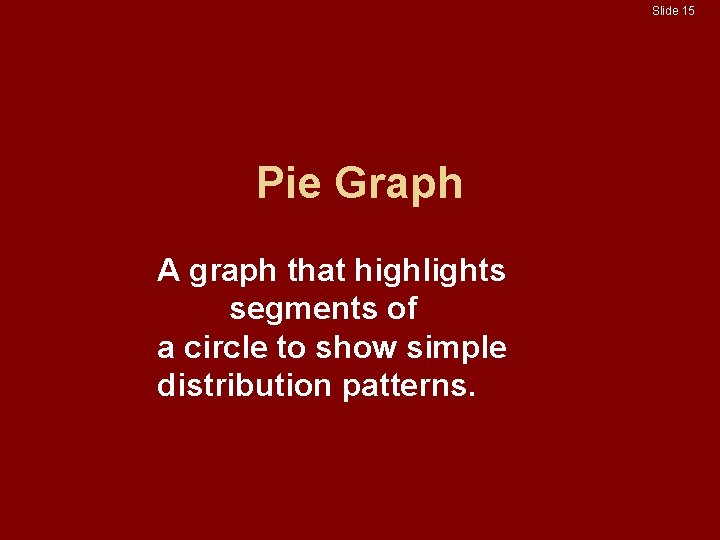 Slide 15 Pie Graph A graph that highlights segments of a circle to show
