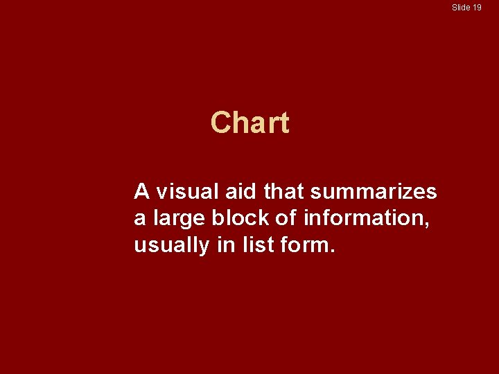 Slide 19 Chart A visual aid that summarizes a large block of information, usually