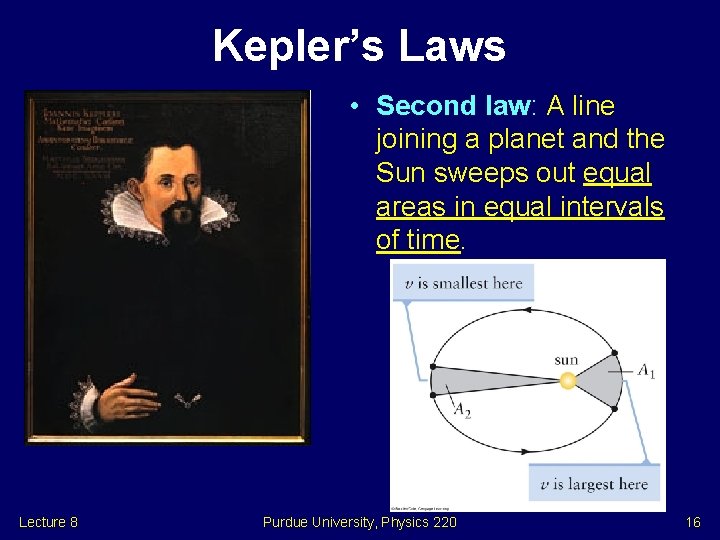 Kepler’s Laws • Second law: A line joining a planet and the Sun sweeps