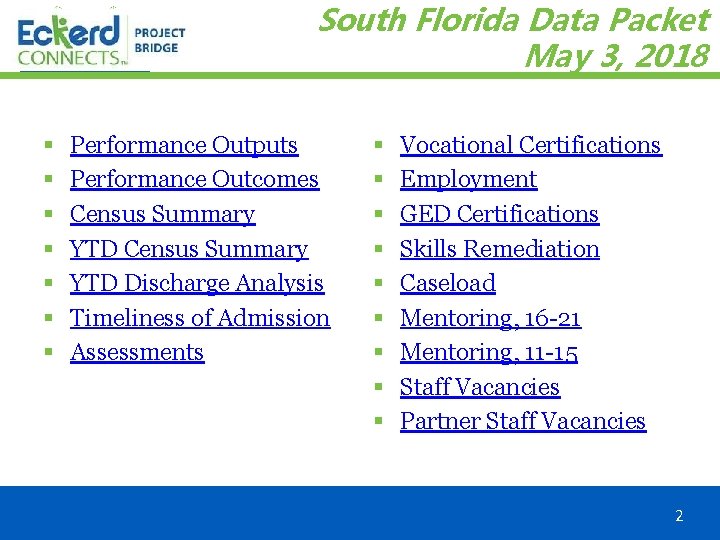 South Florida Data Packet May 3, 2018 § § § § Performance Outputs Performance