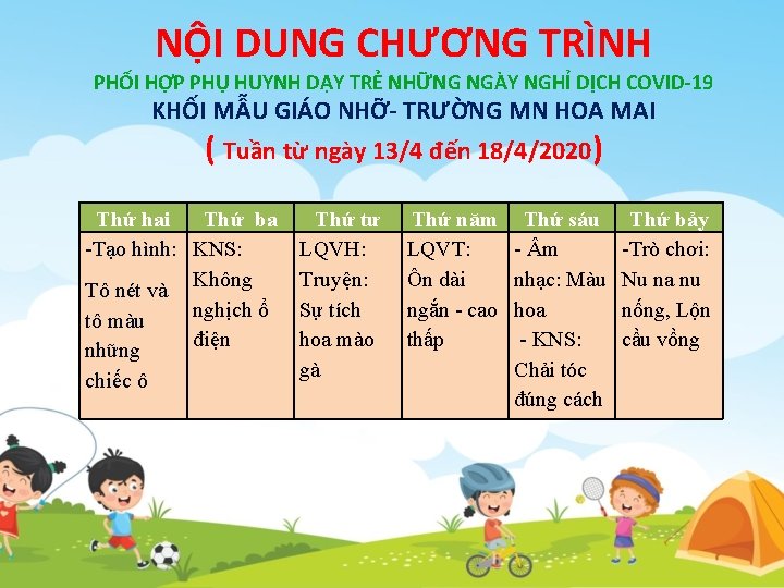 NỘI DUNG CHƯƠNG TRÌNH PHỐI HỢP PHỤ HUYNH DẠY TRẺ NHỮNG NGÀY NGHỈ DỊCH NỘI DUNG CHƯƠNG TRÌNH PHỐI HỢP PHỤ HUYNH DẠY TRẺ NHỮNG NGÀY NGHỈ DỊCH