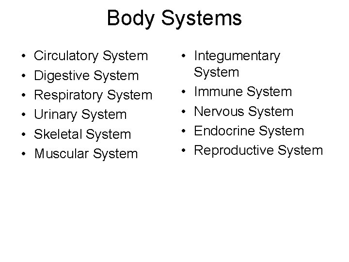 Body Systems • • • Circulatory System Digestive System Respiratory System Urinary System Skeletal Body Systems • • • Circulatory System Digestive System Respiratory System Urinary System Skeletal