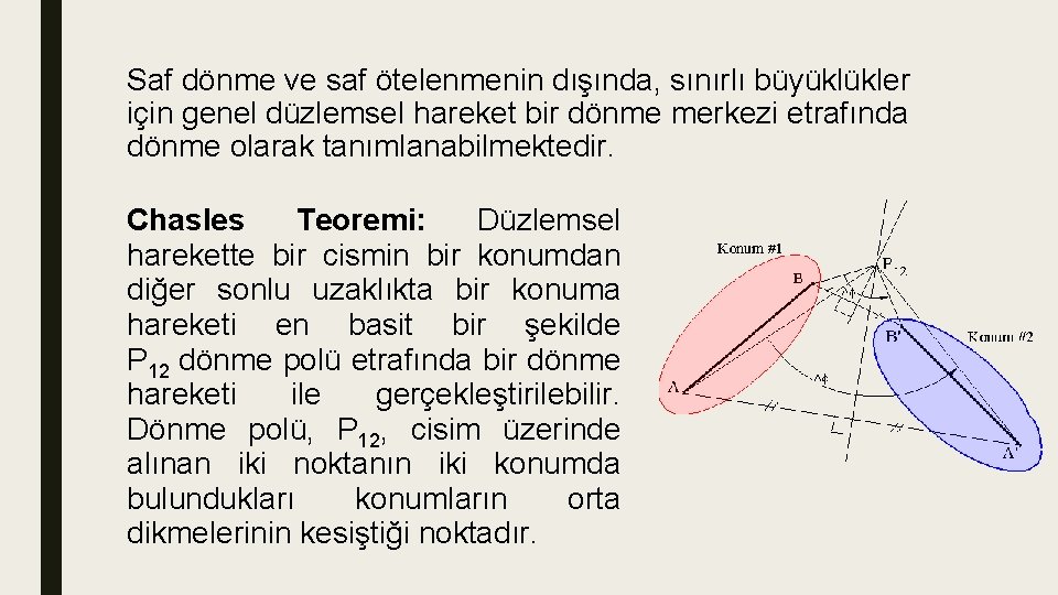 Saf dönme ve saf ötelenmenin dışında, sınırlı büyüklükler için genel düzlemsel hareket bir dönme Saf dönme ve saf ötelenmenin dışında, sınırlı büyüklükler için genel düzlemsel hareket bir dönme